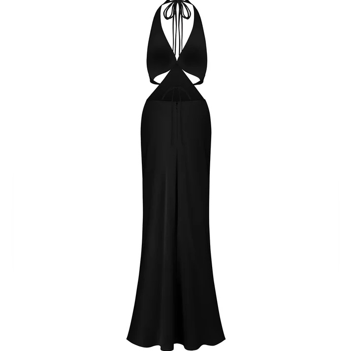Onarin Ms Pleats Satin Cut Out Maxi Dress In Black Xs New W Tags